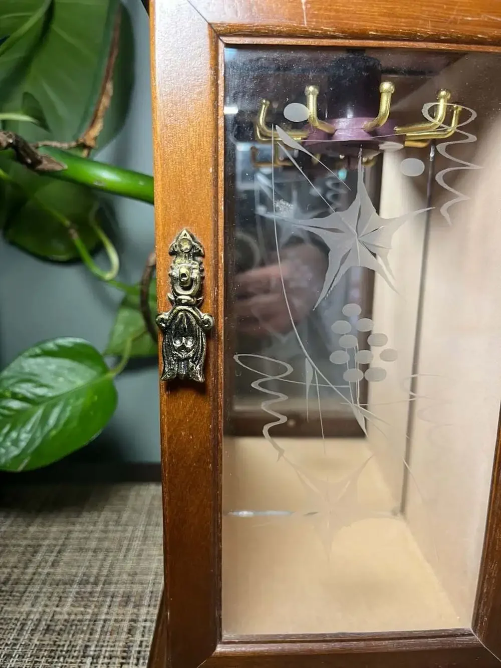 Vintage Wooden Jewelry Cabinet with Etched Glass Door